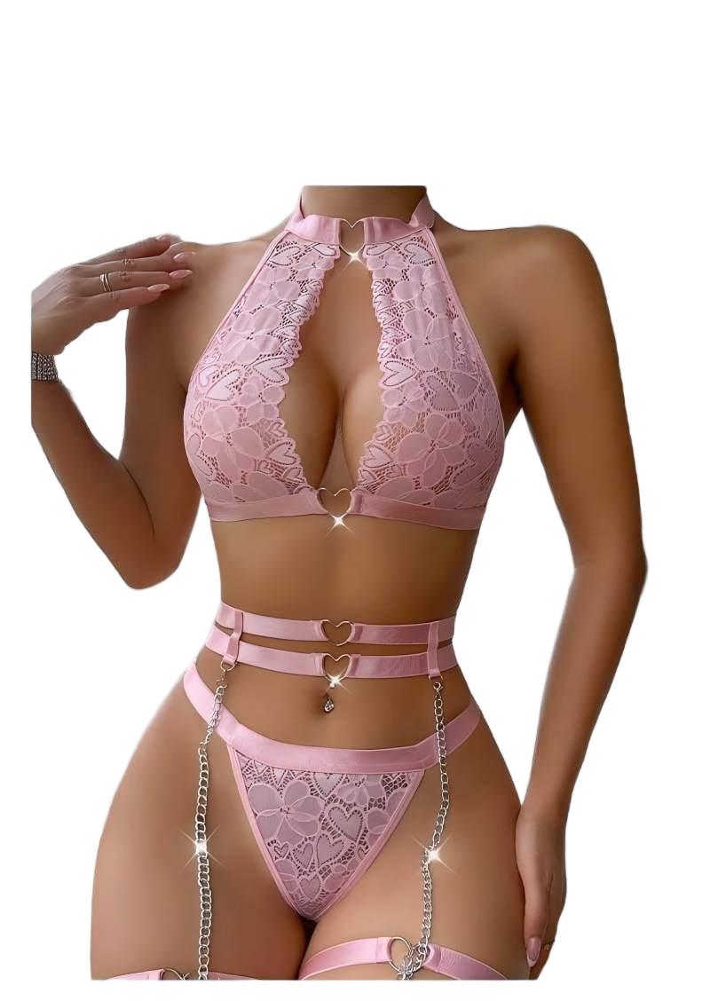 Underwear - Sexy Dessous-Set mit Push-up-Effekt, Spitzen-Strumpfhalter, Choker,