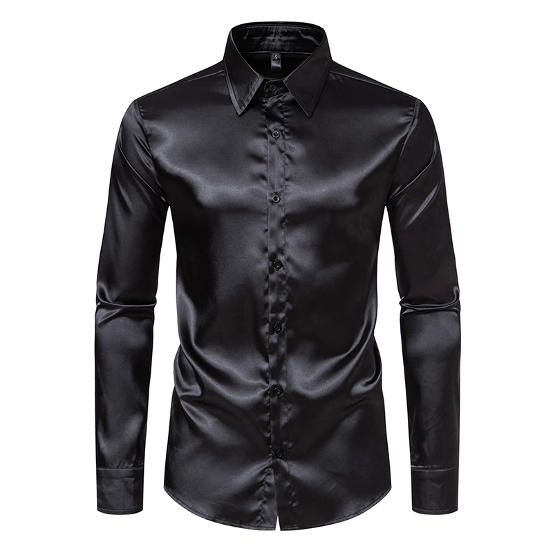 Mens Satin Silk Dress Shirt - Herren-Hemd aus schwarzem Satin, luxuriös, modisch,