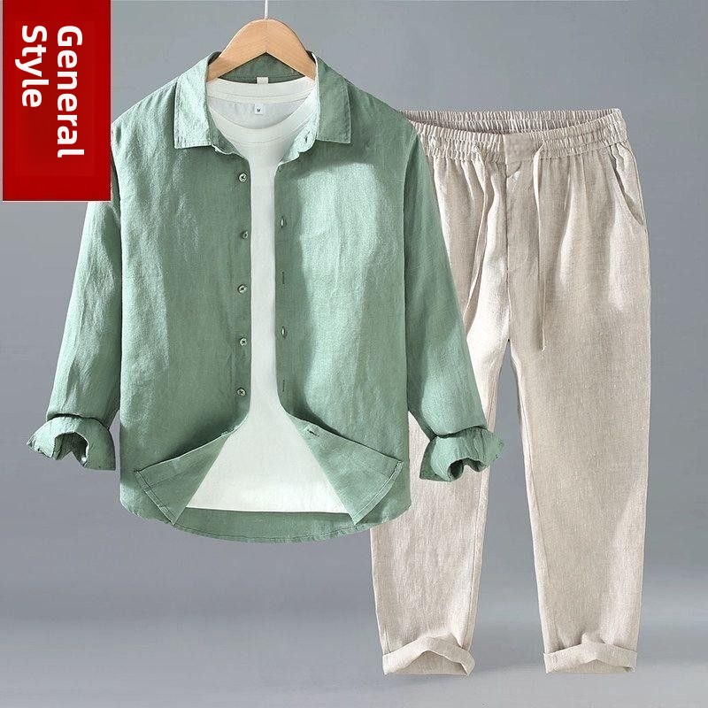 Mens Linen Shirt Long Sleeve - Sommer Baumwolle-Leinen Hemd-Hosen-Set Langarm mit Umlegekragen