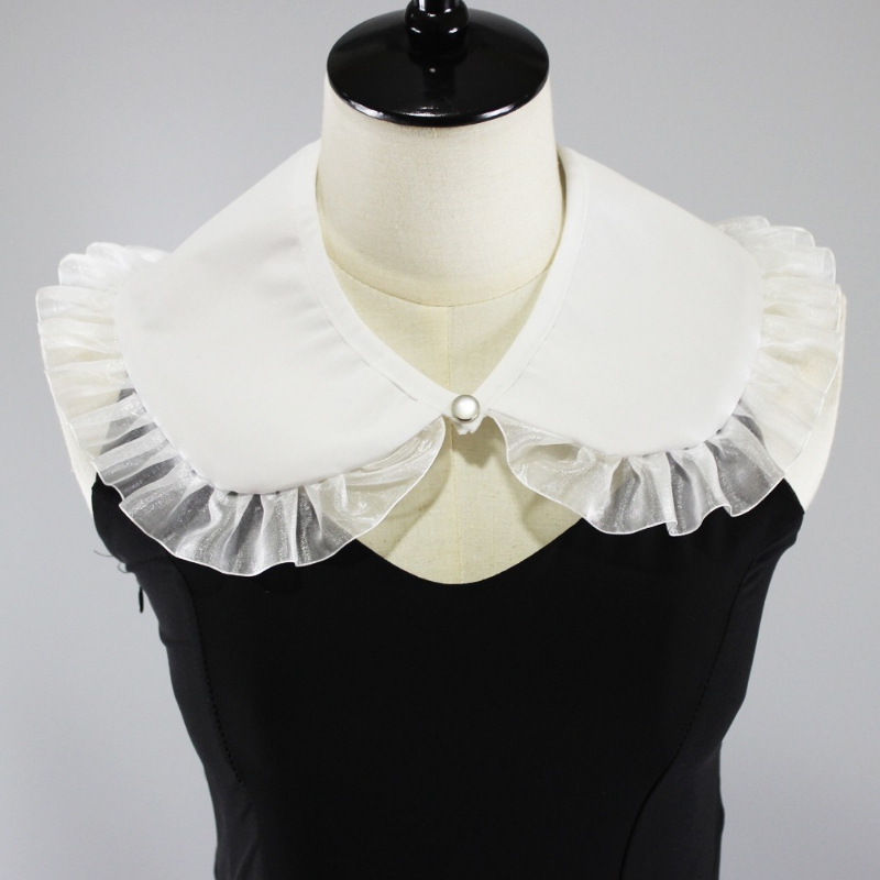 Shirts - Abnehmbarer Damen-Falschkragen, Organza-Rüschenkragen mit Perlenknopf, Dekorativer