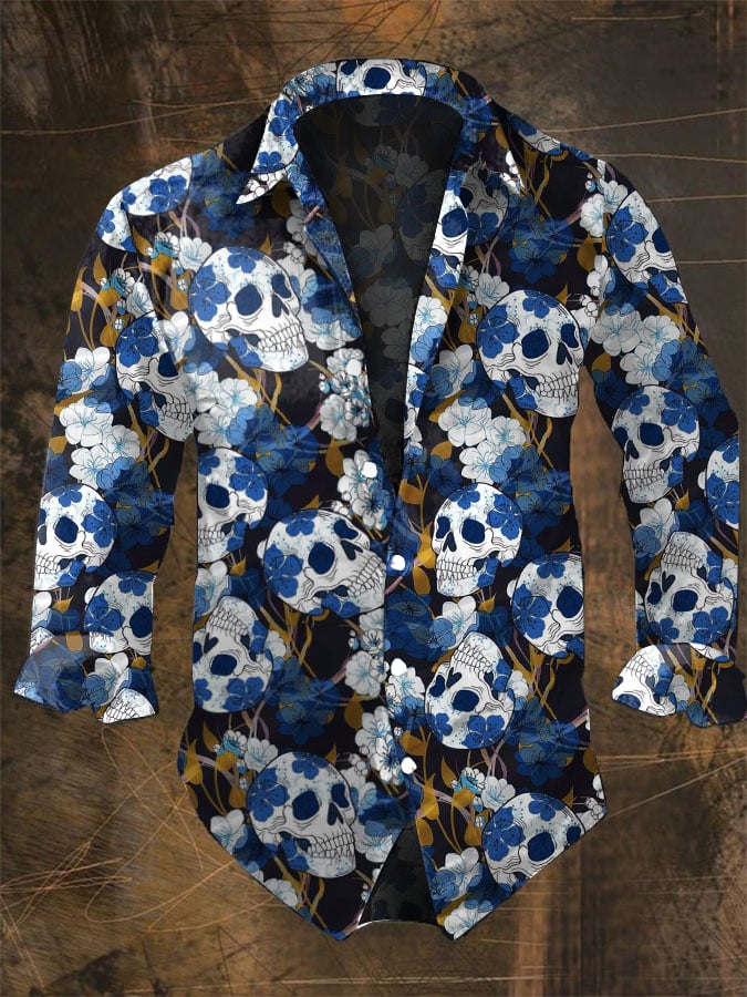 Vintage Hawaiian Floral Shirt - Halloween Herren dunkle Schädel druckt lässige
