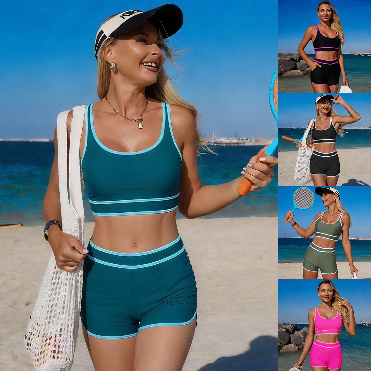 Shorts - Olivgrüner Bikini Ärmelloses Crop-Top Hochgeschnittene Shorts