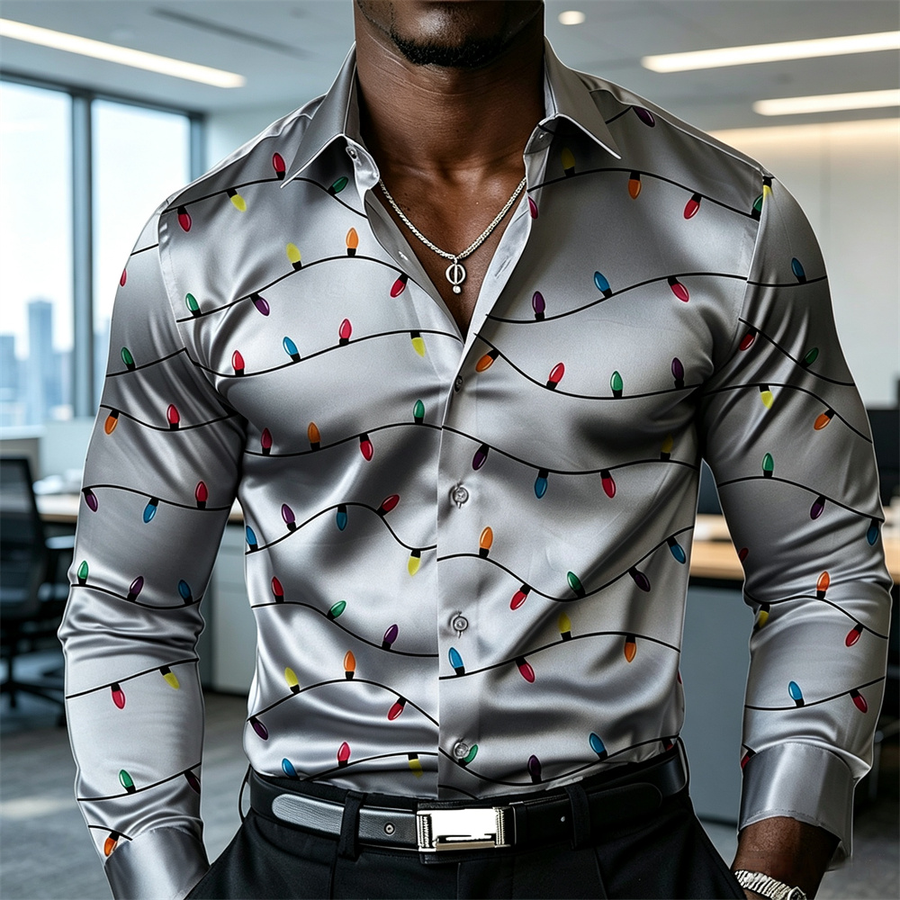 Mens Satin Silk Dress Shirt - Weihnachts-Herrenhemd mit Laternenmuster, Satinhemd, Knopfhemd, langärmelig,