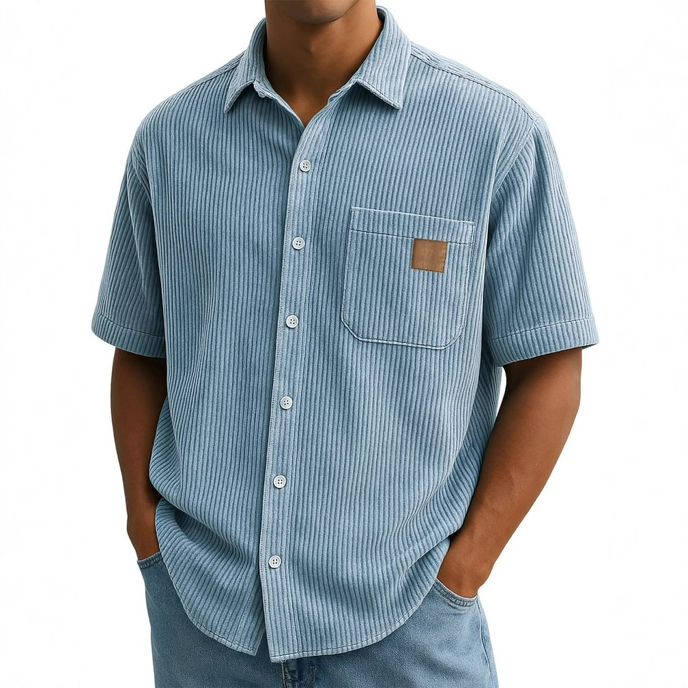 Corduroy Button Up Shirt Men - Herren-Kurzarmhemd aus Cord, Vintage-Sommerhemden mit aufgesetzter
